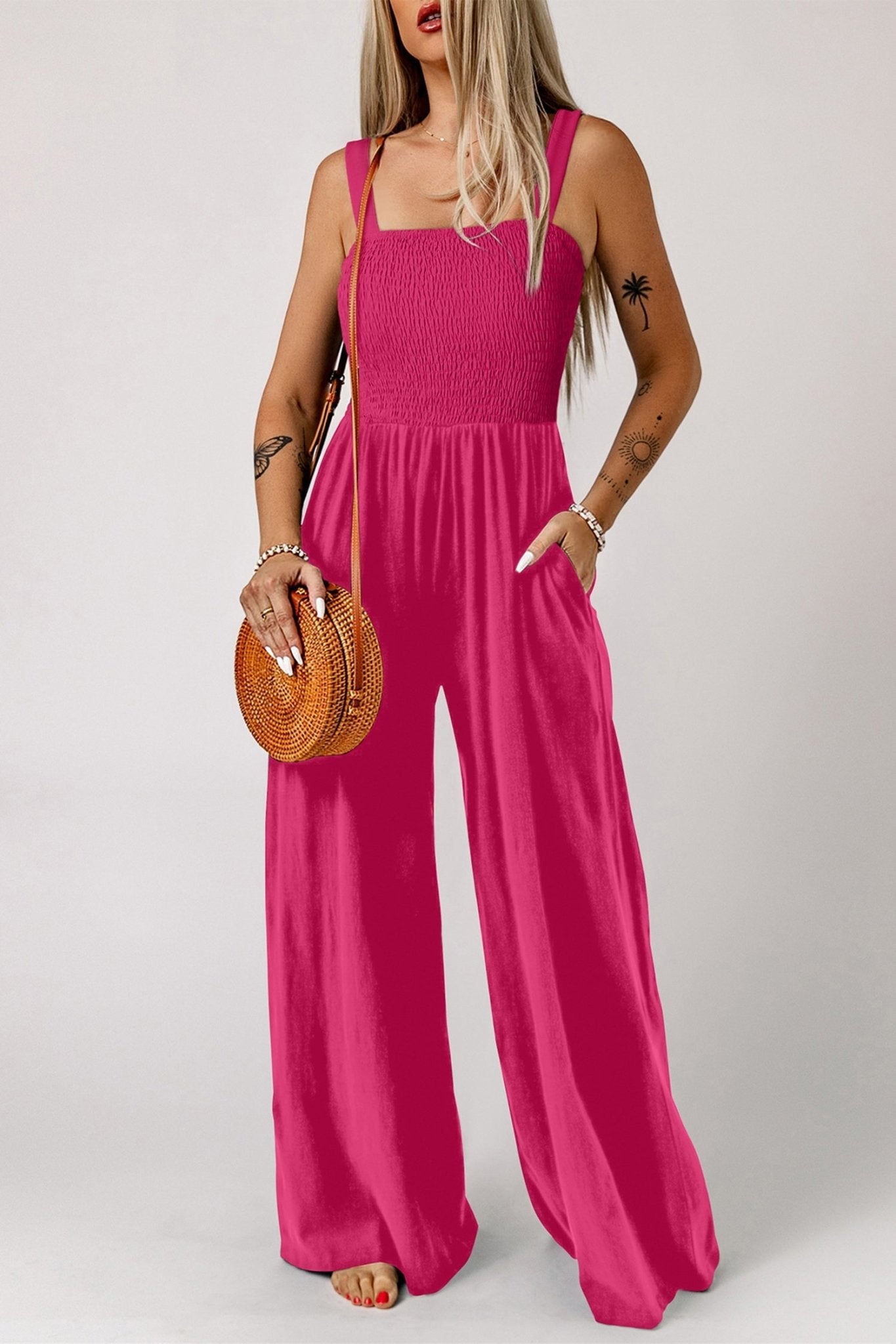 Rose Red Smocked Square Neck Sleeveless Jumpsuit with Pockets - Loving It Shop