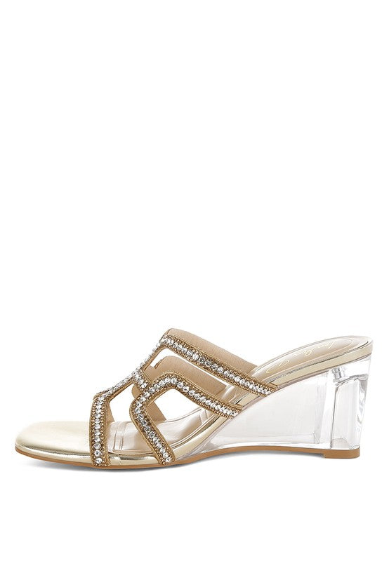 Caqueta Metallic Rhinestone Clear Wedge Sandals