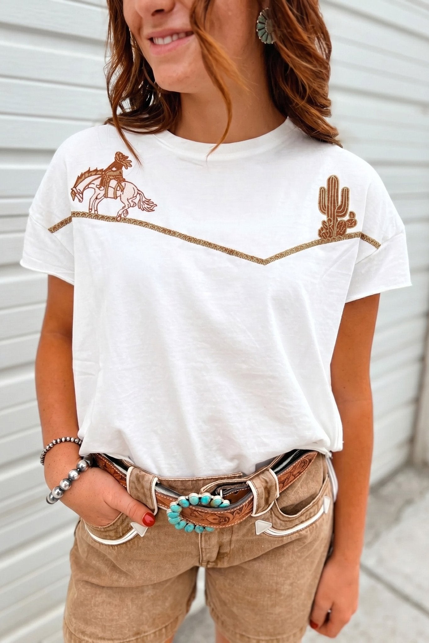 White Western Fashion Embroidered Casual Tee - Loving It Shop