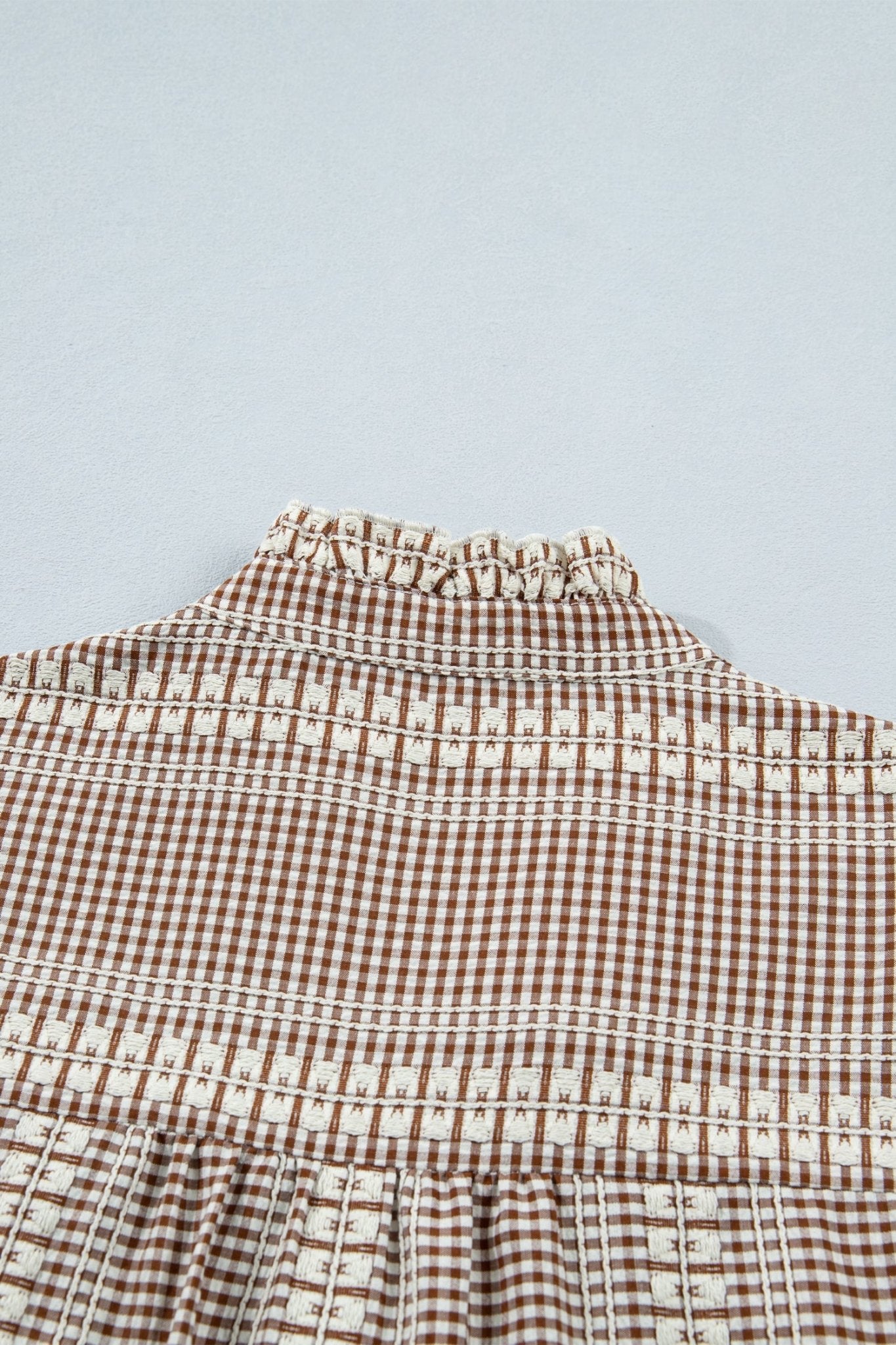 Brown Western Pony Embroidered Yoke Puff Sleeve Gingham Blouse - Loving It Shop