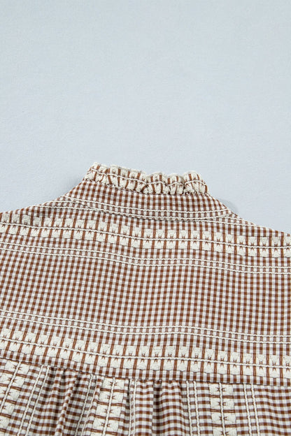 Brown Western Pony Embroidered Yoke Puff Sleeve Gingham Blouse - Loving It Shop