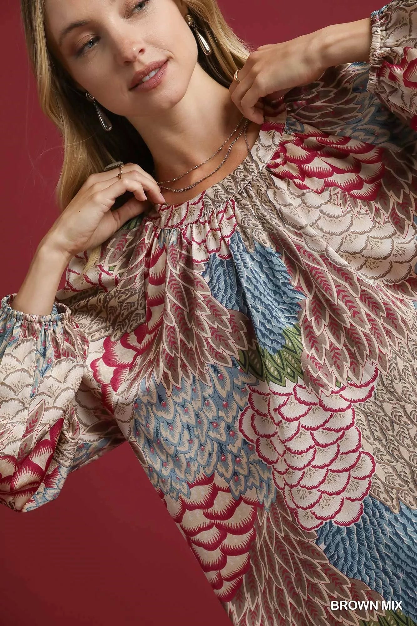 Boho Feather Print Peasant Blouse