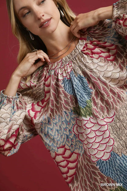 Boho Feather Print Peasant Blouse