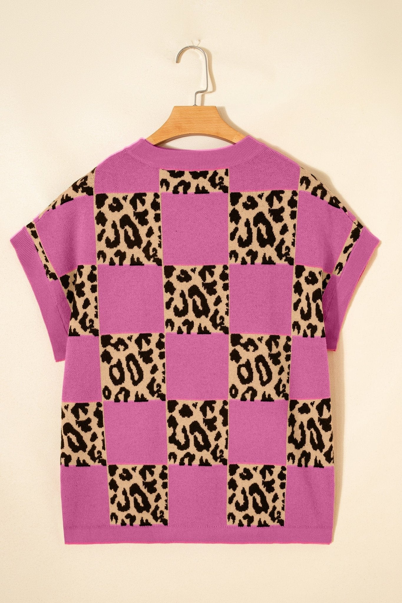 Rose Red Leopard Checkerboard Short Sleeve Knit Sweater - Loving It Shop