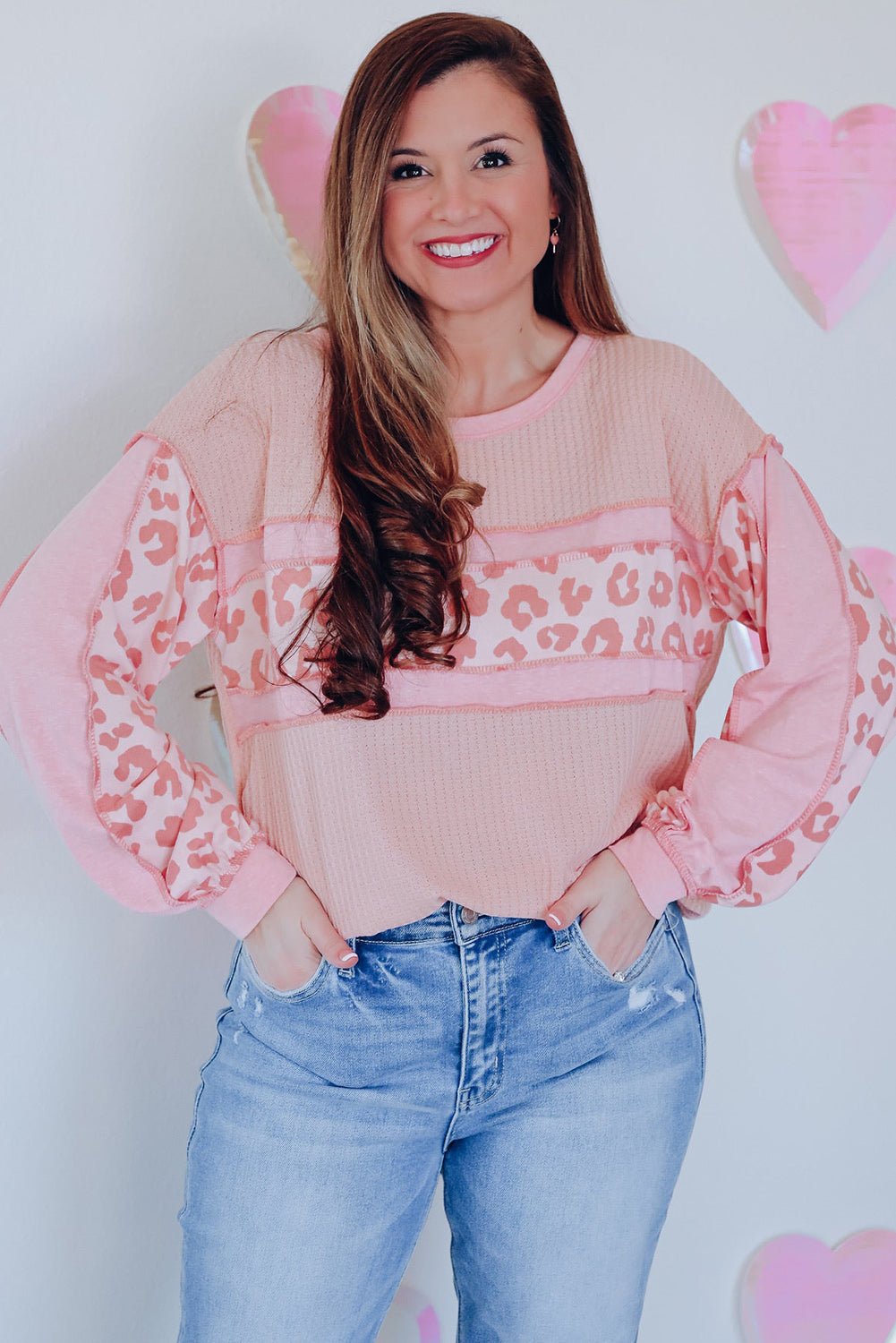 Pink Leopard Patchwork Exposed Seam Waffle Knit Top - Loving It Shop