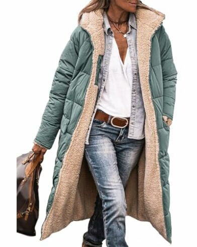 Solid Color Hooded Long Coat Winter Long Sleeve Double-sided Wear Slim Elegant Cardigan Jacket Top Women&