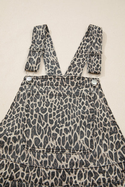 Brown Leopard Print Straight Leg Loose Denim Overall Jumpsuit