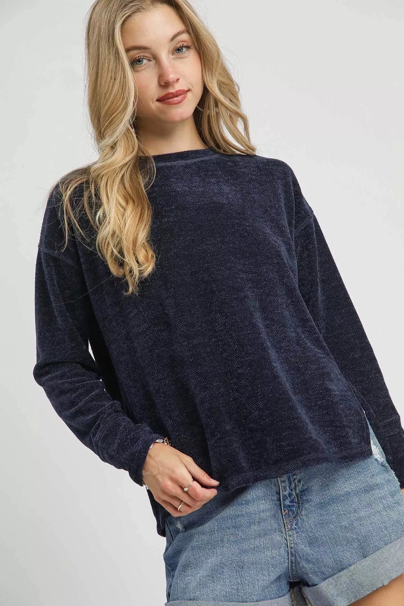 Round Neck Long Sleeve Side Slit Top