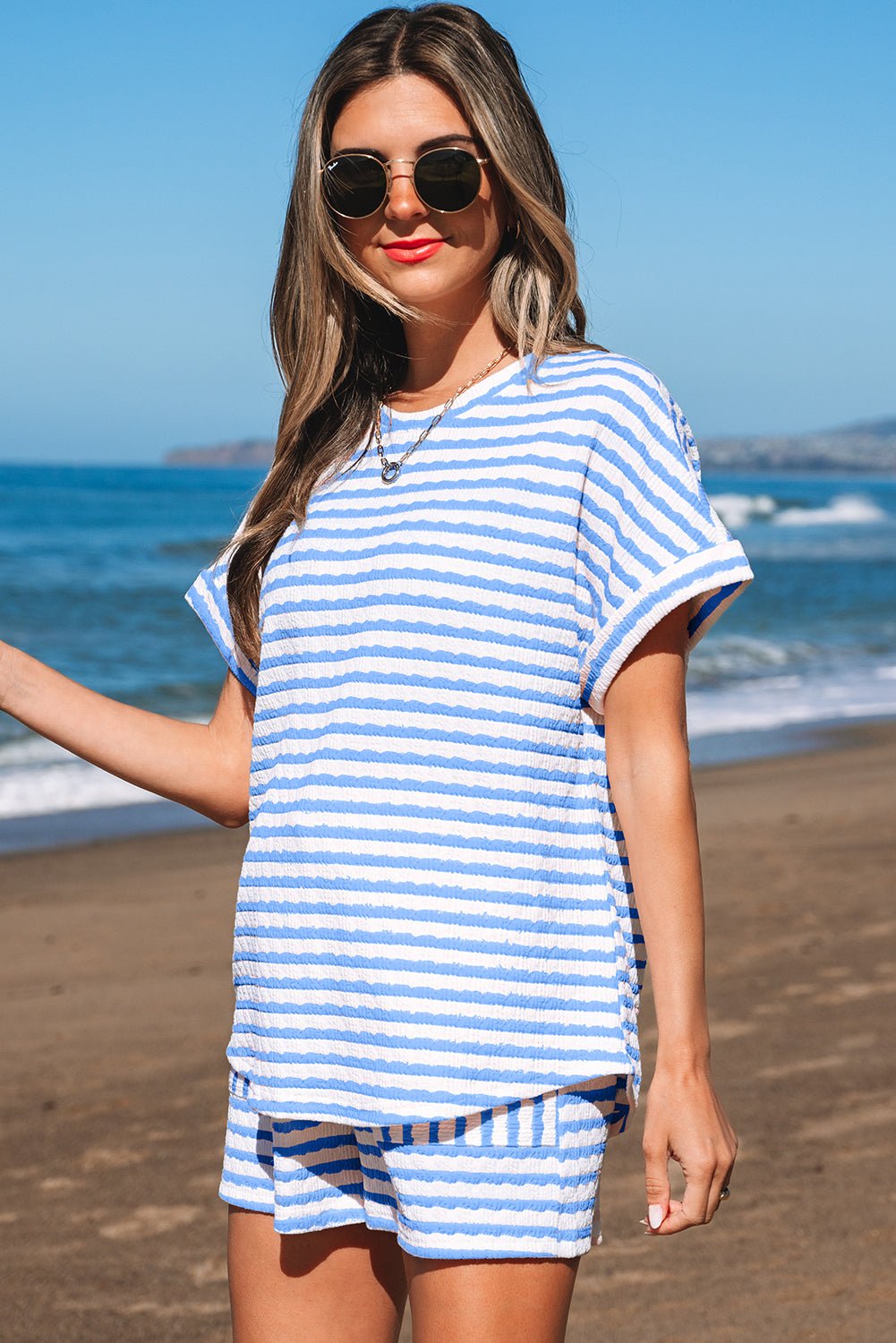Sky Blue Stripe Knitted Short Sleeve Top and Drawstring Shorts Set - Loving It Shop