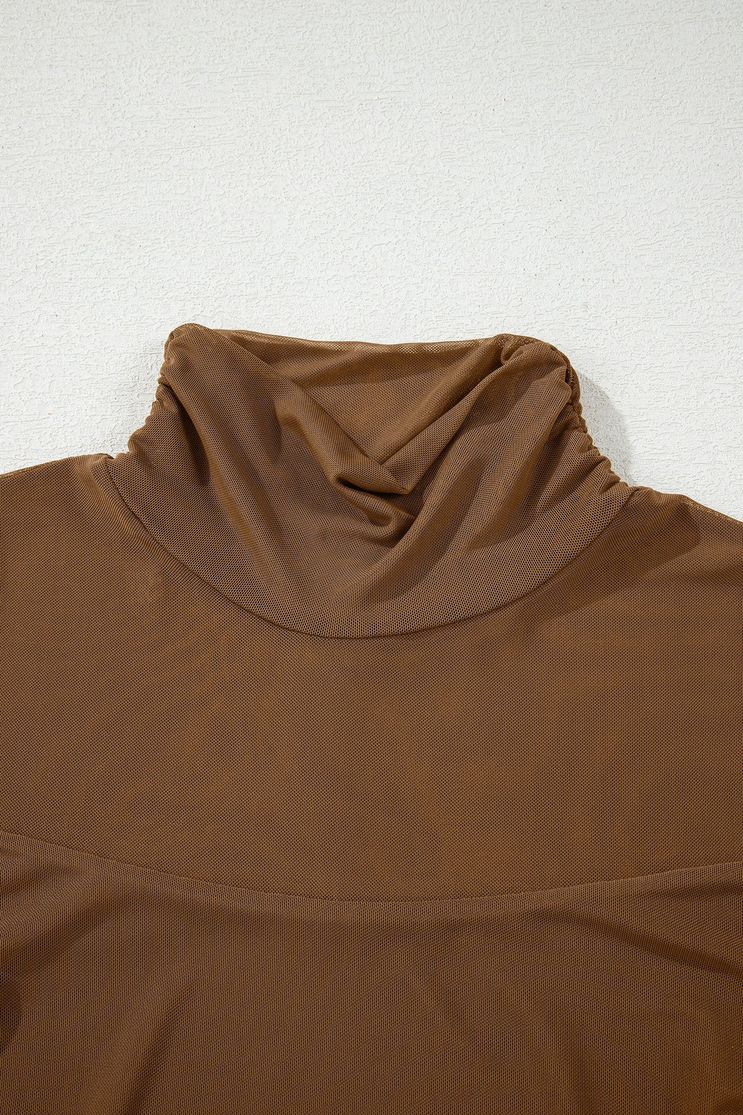 Coffee Sheer Mesh Patchwork High Neck Long Sleeve Top
