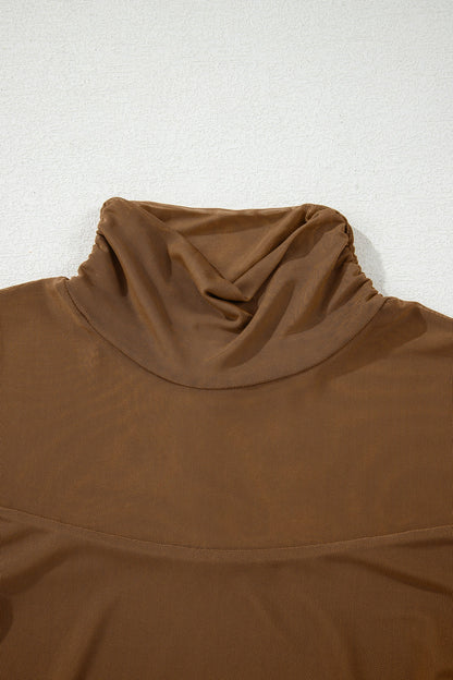Coffee Sheer Mesh Patchwork High Neck Long Sleeve Top