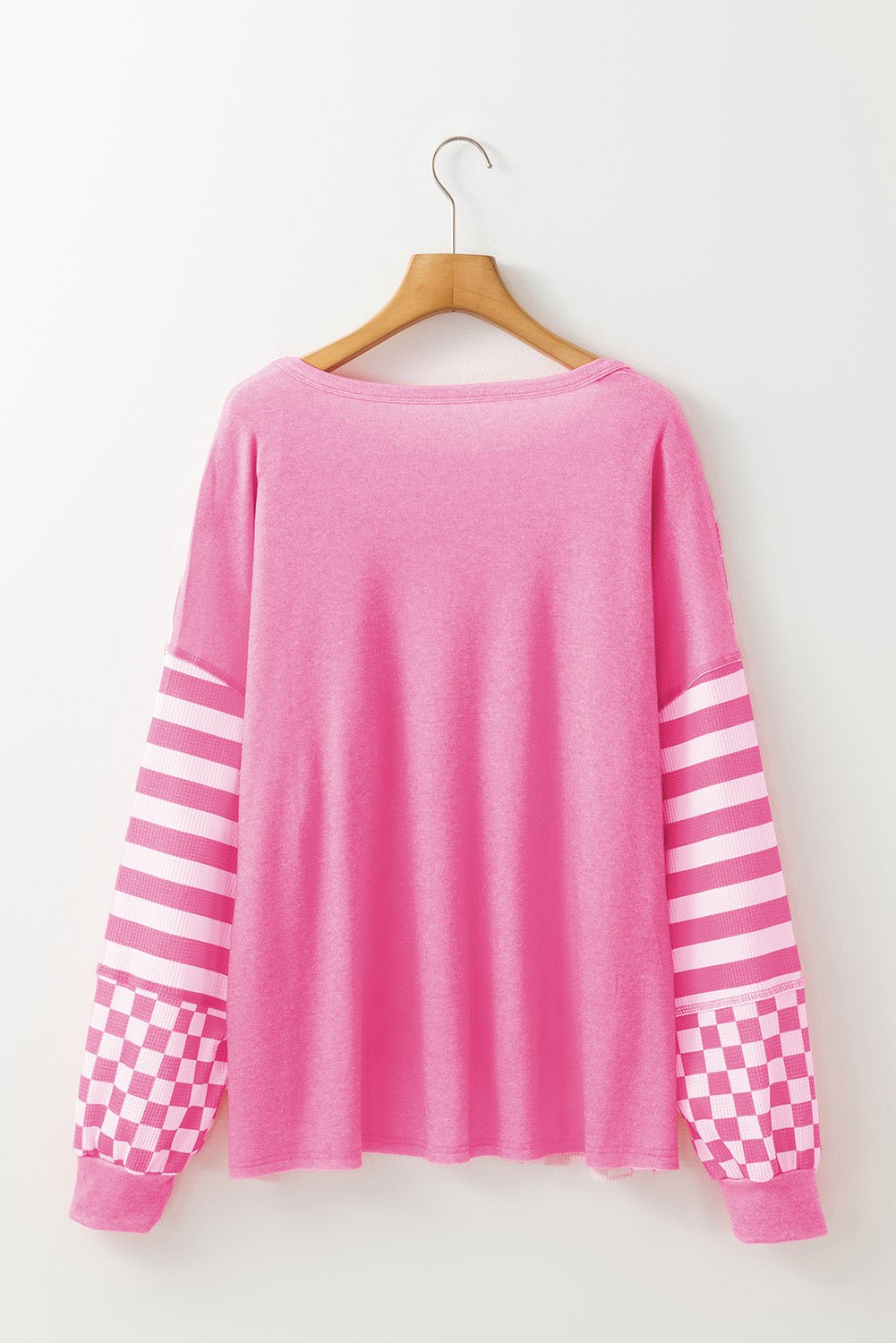 Rose Red Checkerboard Striped Patchwork Lantern Sleeve Pocketed Blouse - Loving It Shop