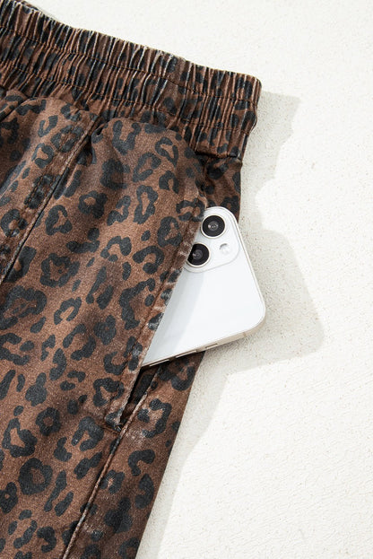 Brown Leopard Print Elastic Waistband Drawstring Denim Skort - Loving It Shop