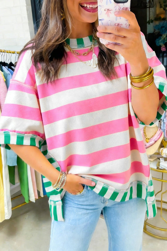 Pink Stripe Exposed Seam Contrast Patchwork Oversized Top - Loving It Shop