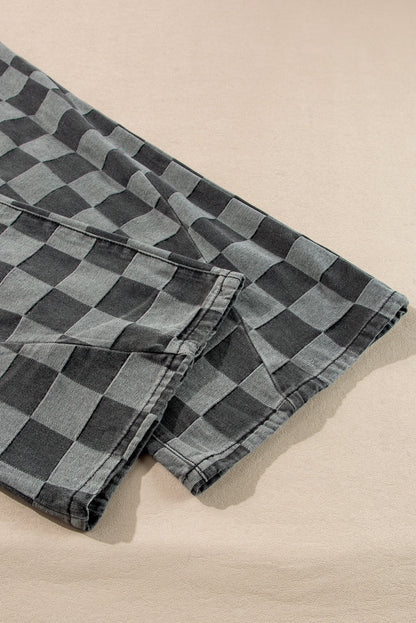 Dark Grey Checkered Light Washed Wide Leg Jeans