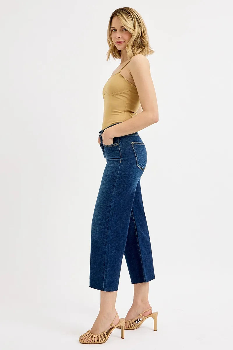 Full Size Tummy Control High Rise Crop Wide Jeans Plus Size