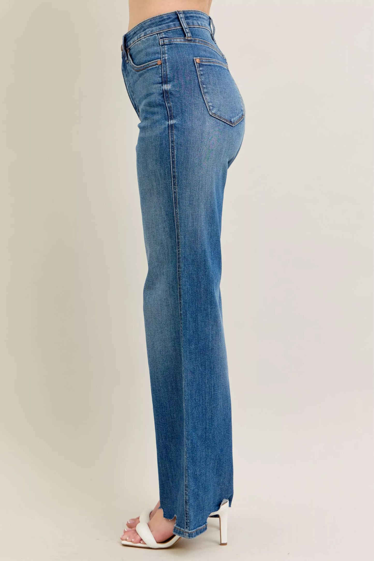 Full Size High Waist Tummy Control Chew Hem Destroy Wide Jeans Plus Size