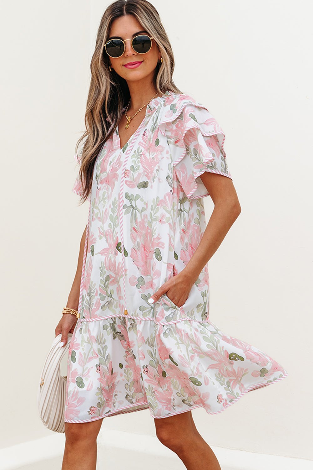 Pink Floral Contrast Edge Layered Short Sleeve Mini Dress - Loving It Shop