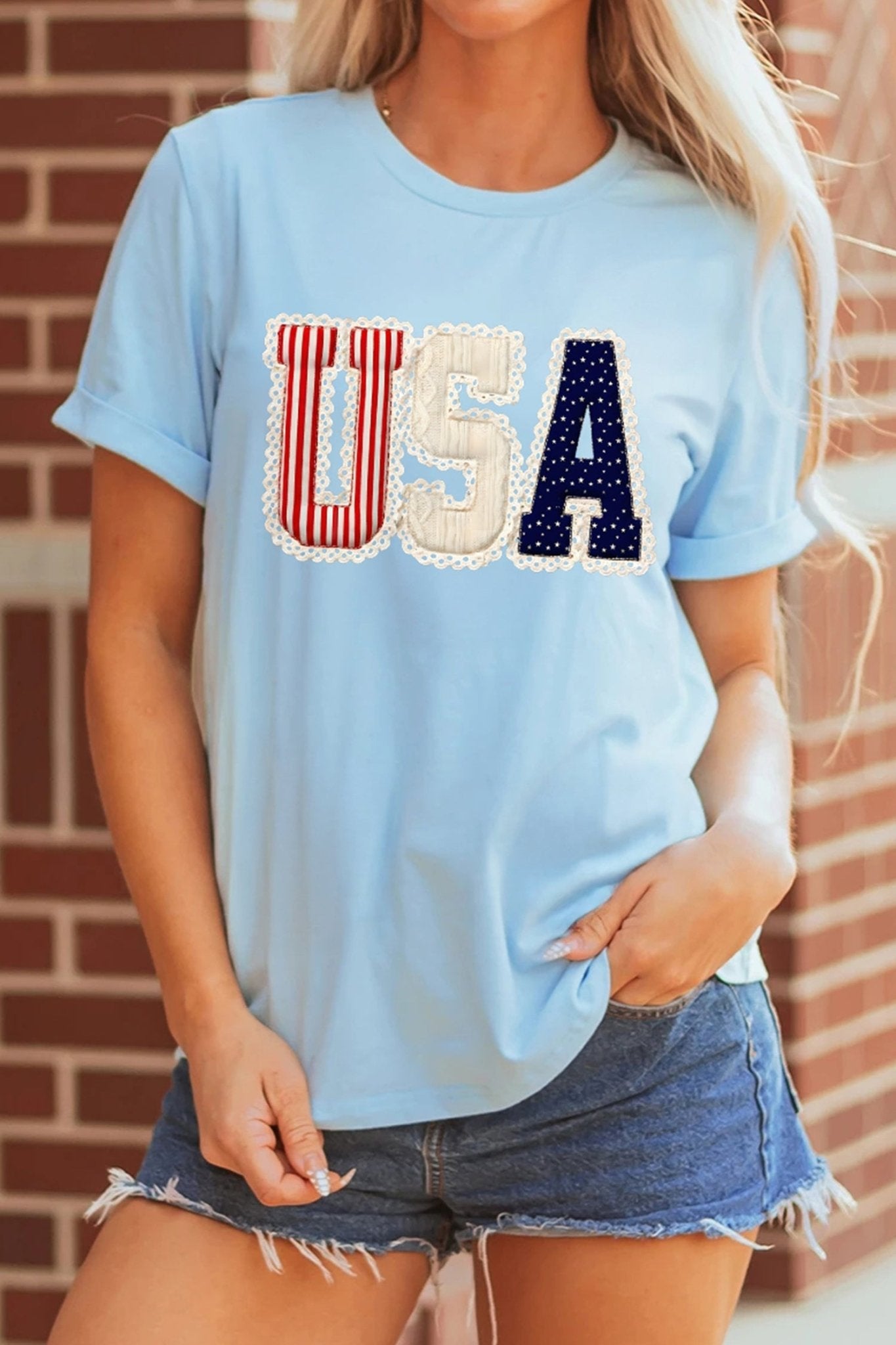 Light Blue USA Patriotic Printed T Shirt - Loving It Shop