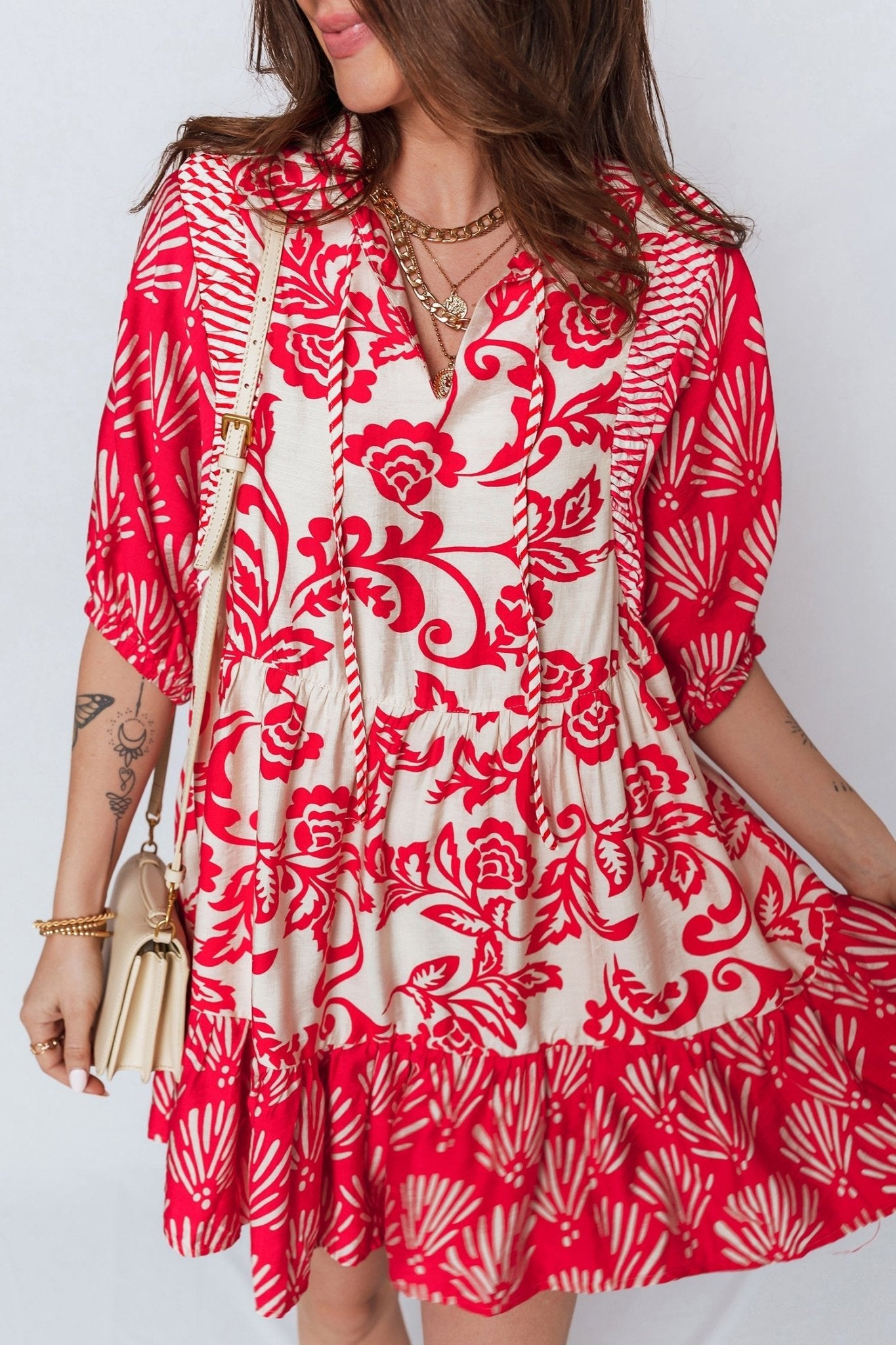 Red Collared V Neck Half Sleeve Loose Flower Mini Dress - Loving It Shop