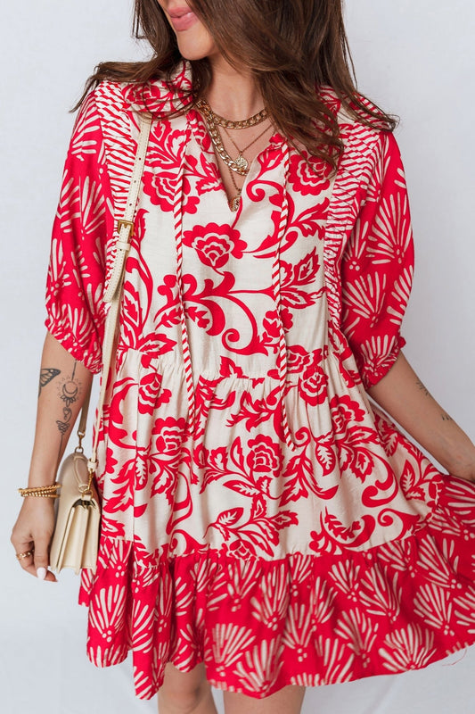 Red Collared V Neck Half Sleeve Loose Flower Mini Dress - Loving It Shop