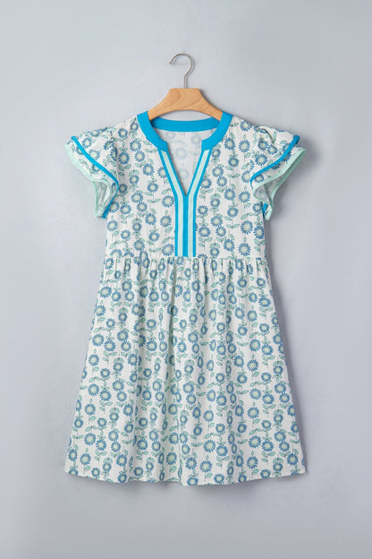 Sky Blue Floral Print Contrast Trim Flutter Sleeve Mini Dress - Loving It Shop