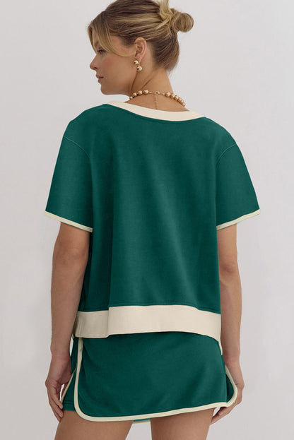 Bonbon Colorblock Edge Drop Shoulder T Shirt and Skort Set