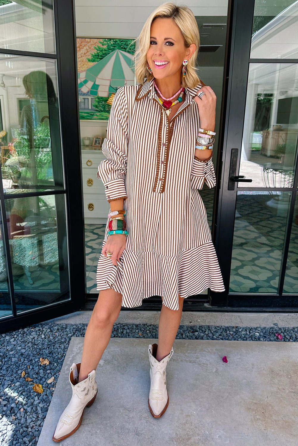 Khaki Stripe Shirt Collar Embroidered Trim Ruffle Hem Long Sleeve Mini Dress - Loving It Shop