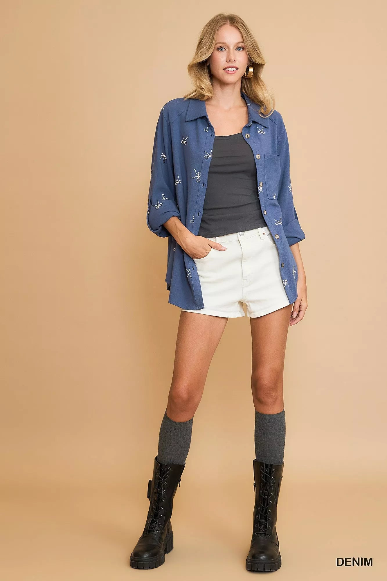 Linen Blend Fitted Shirt with Ribbon Embroidery Details