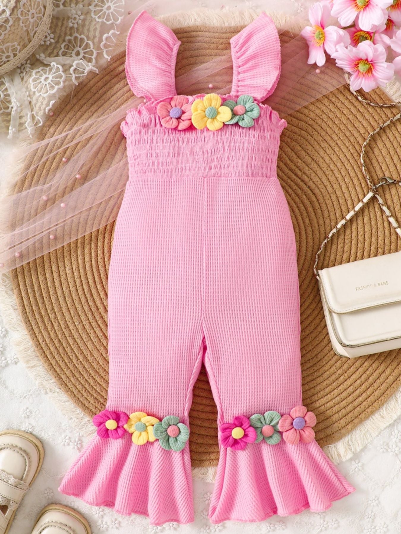Children's Floral Decor Smocked Ruffle Hem Jumpsuit