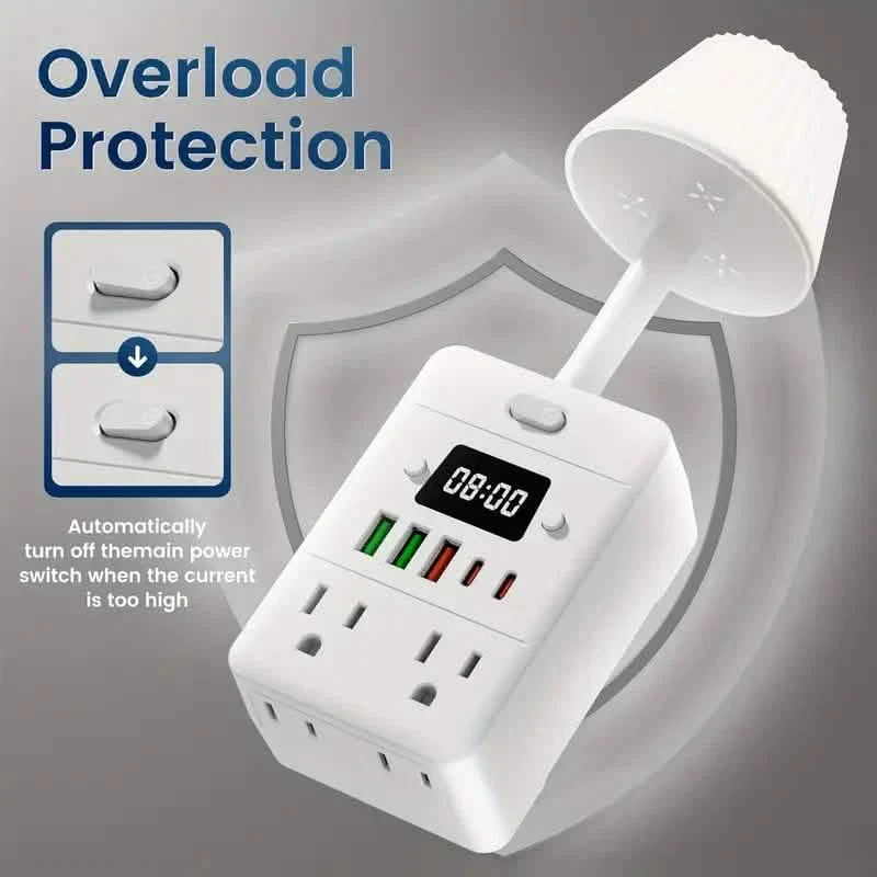 11-in-1 Multifunctional Power Strip with Desk Lamp, Clock, USB Ports &amp; Surge Protection