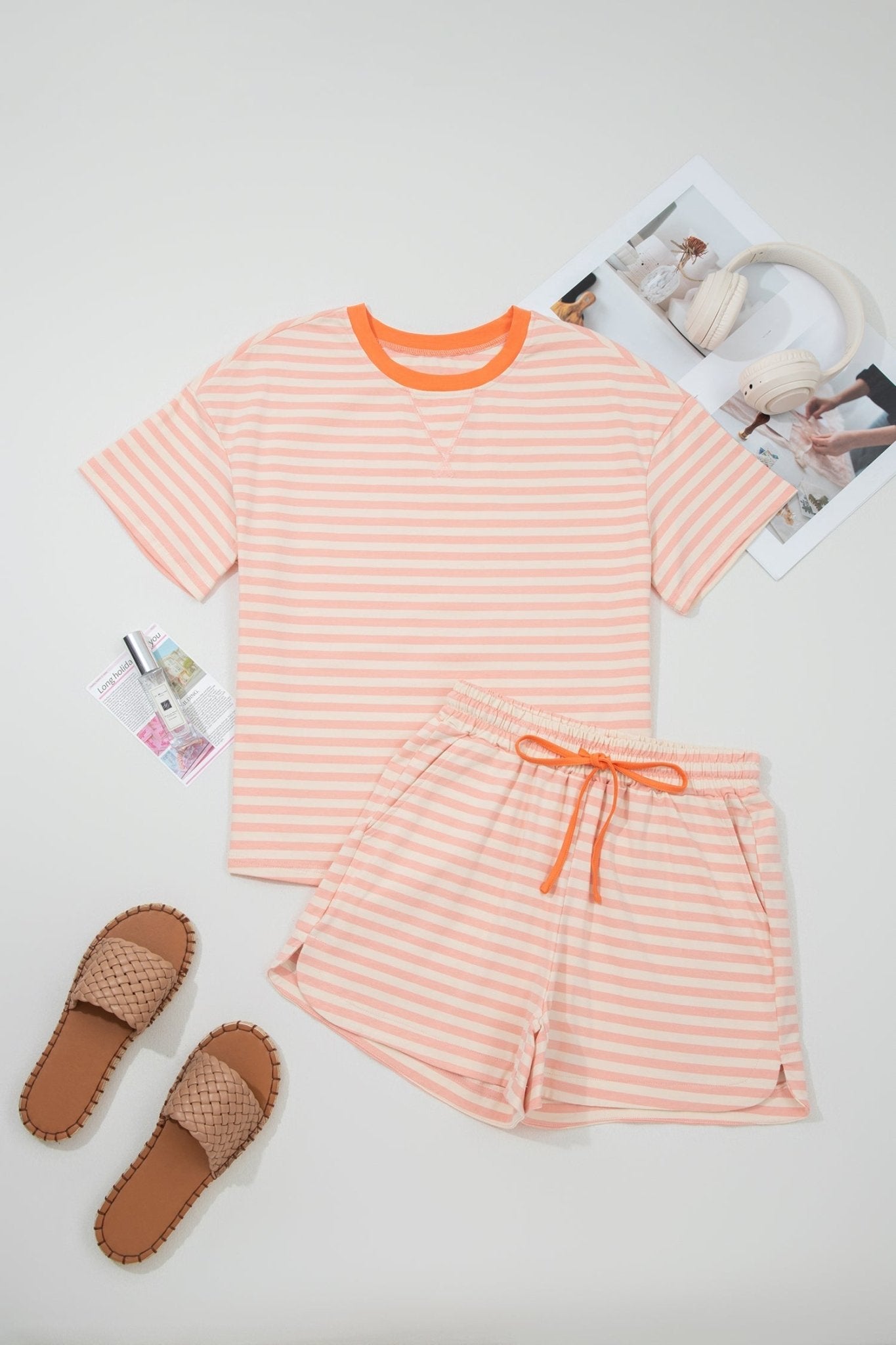 Pink Stripe Contrast Neck Loose Tee and Drawstring Shorts Set - Loving It Shop