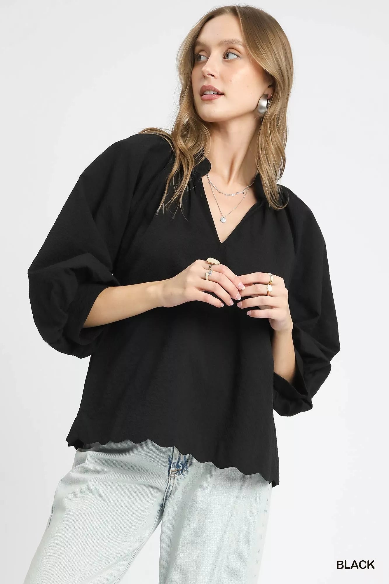 Full Size Textured Notched Balloon Sleeve Blouse Plus Size