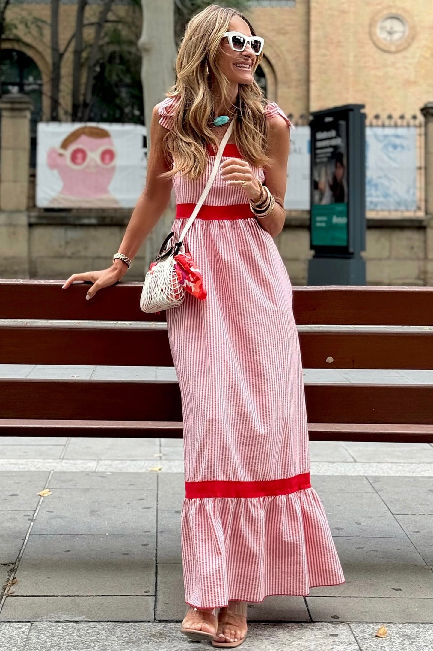 Red Stripe Bow Knot Straps Contrast Trim High Waist Ruffle Hem Maxi Dress