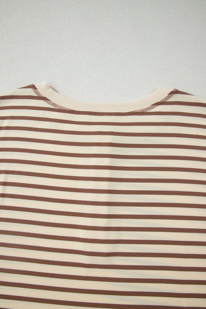Brown Stripe Half Buttons Top and Shorts Set