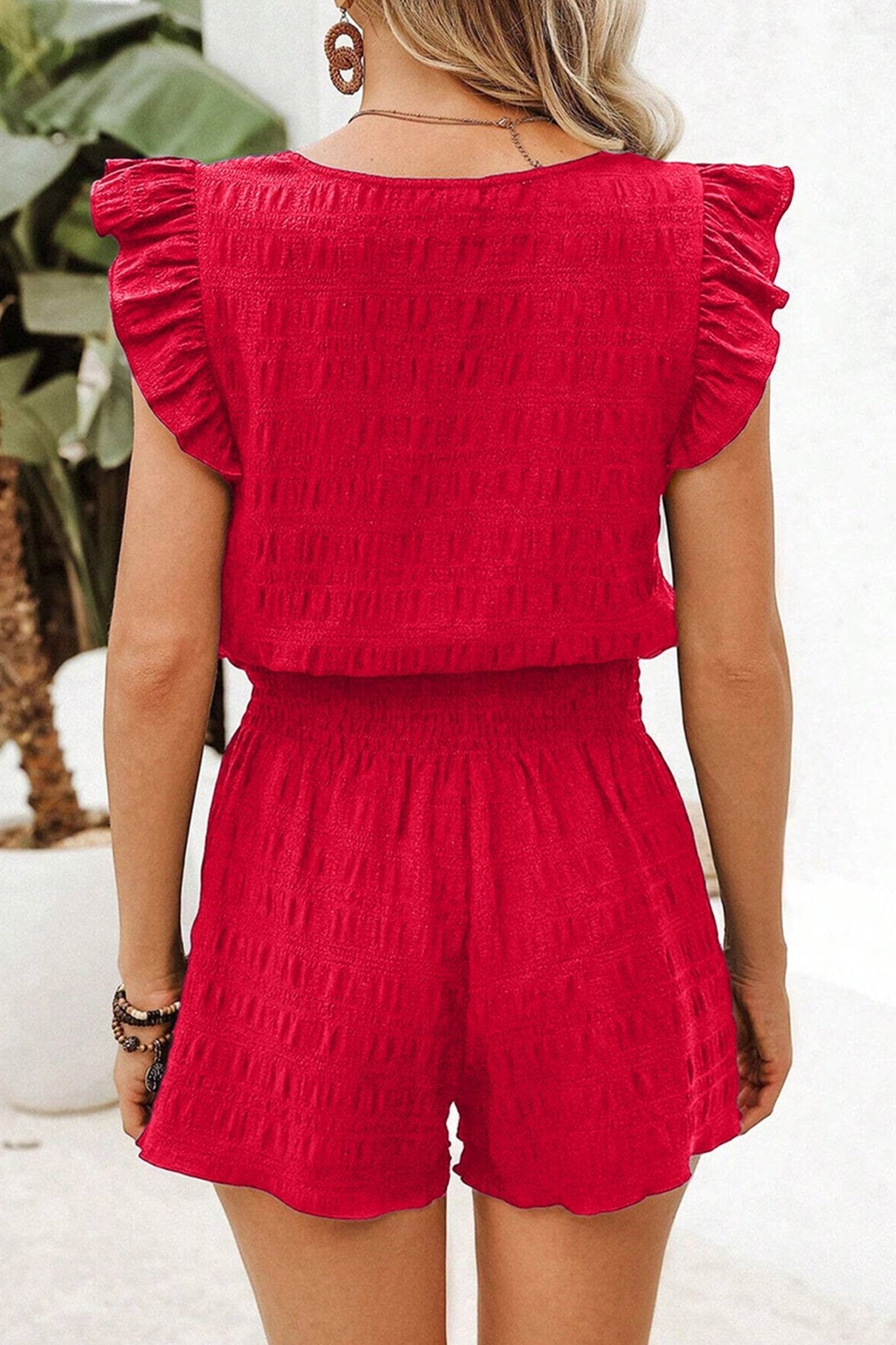 Fiery Red Textured Square Neck Top and Shirred High Waist Shorts Set - Loving It Shop