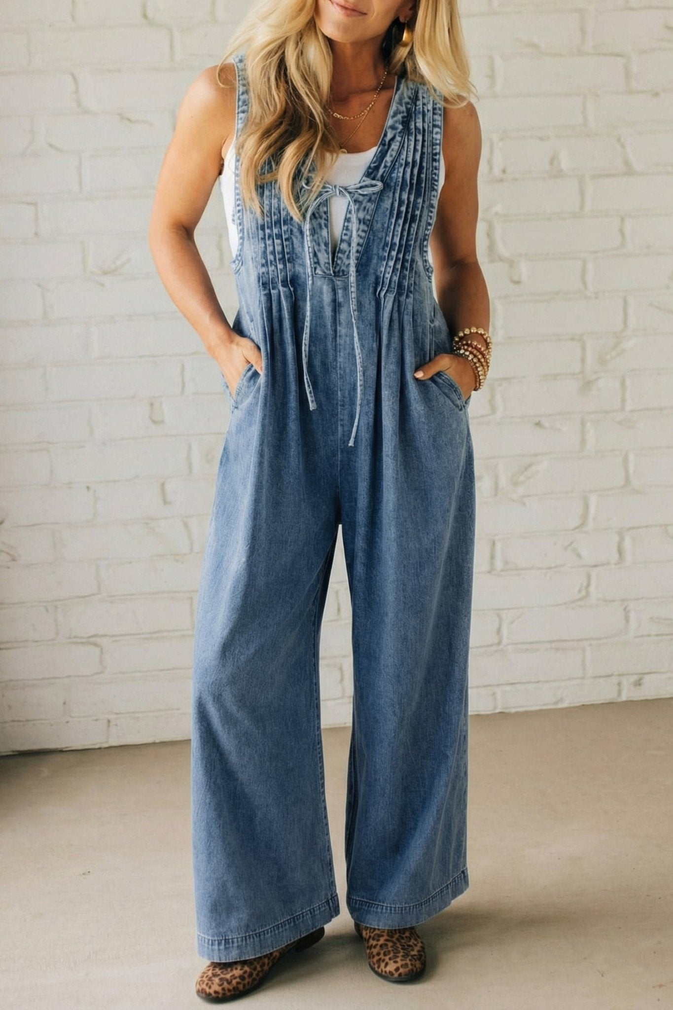 Dusk Blue Acid Wash Pintuck Tie V Neck Denim Wide Leg Jumpsuit - Loving It Shop
