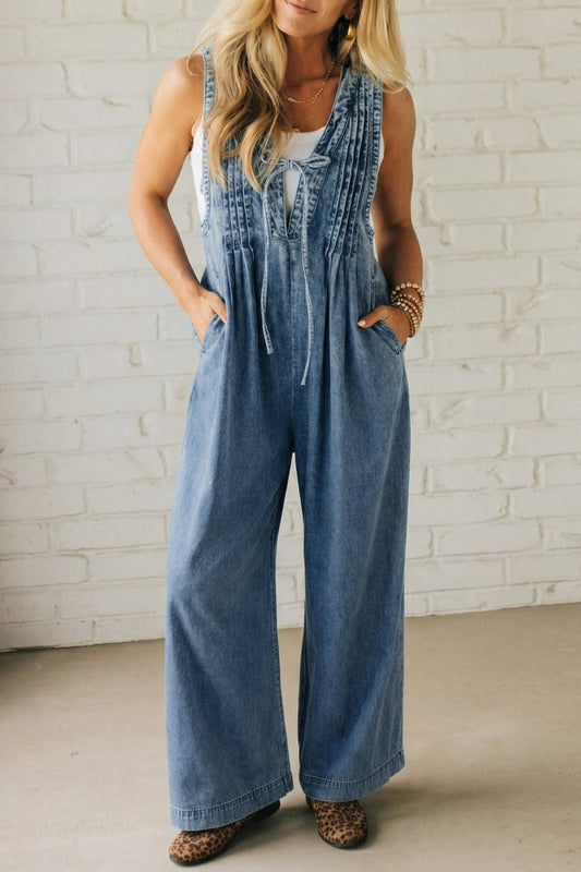 Dusk Blue Acid Wash Pintuck Tie V Neck Denim Wide Leg Jumpsuit - Loving It Shop