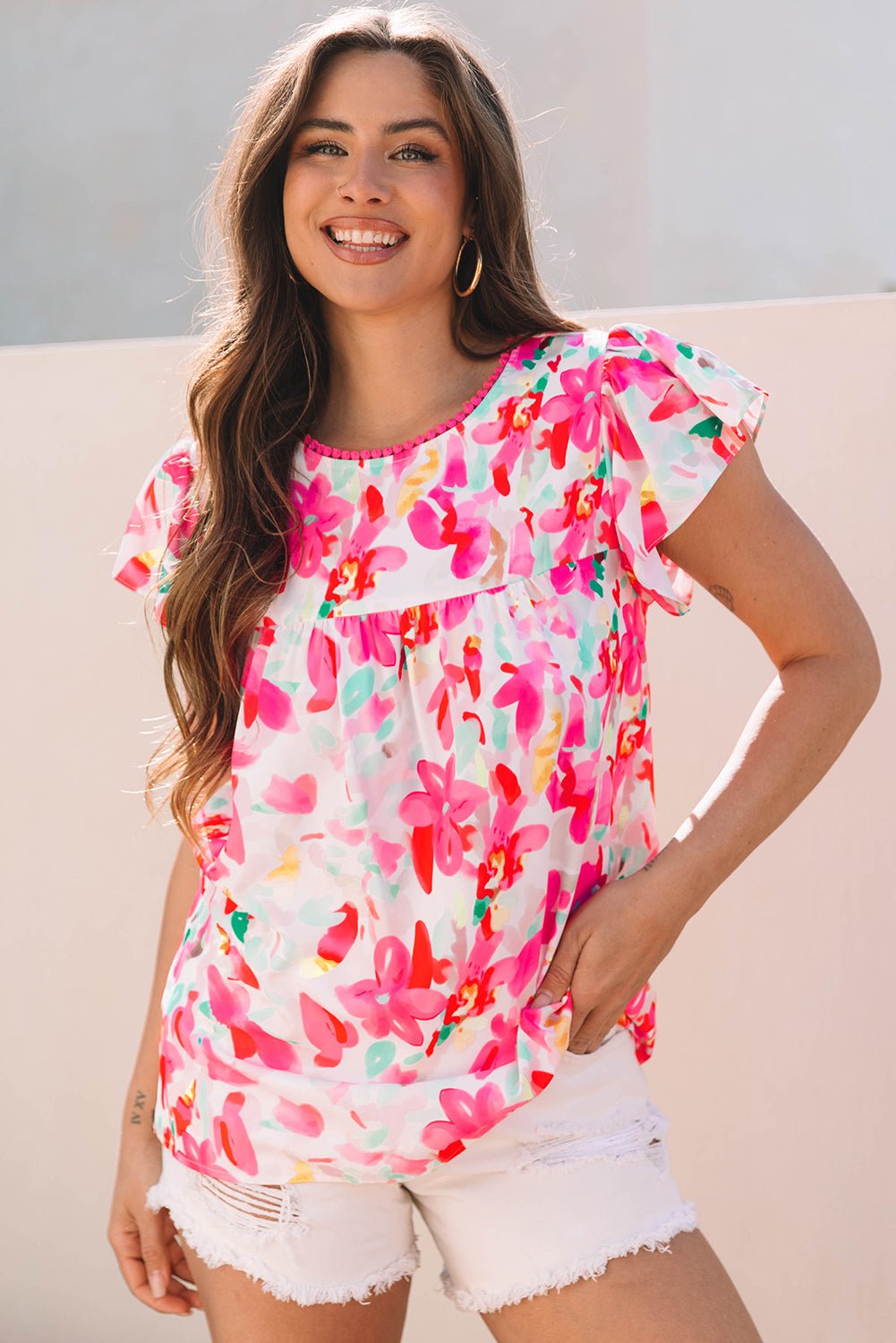 Rose Floral Print Flutter Sleeve Round Neck Casual Blouse - Loving It Shop