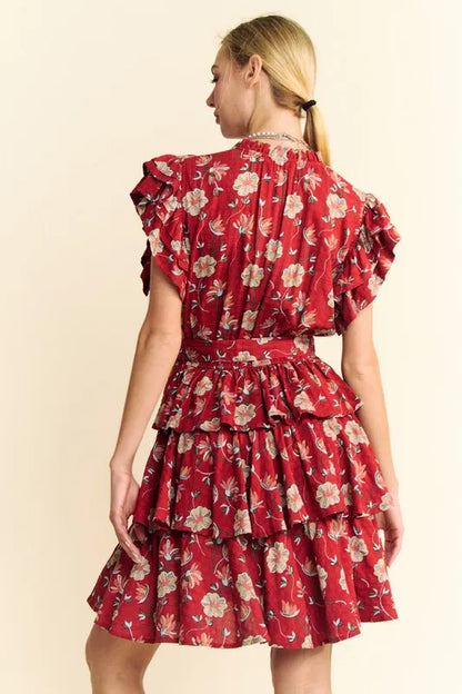 Davi &amp; Dani Ruffle Flutter Sleeve Tie Belt Tiered Mini Dress