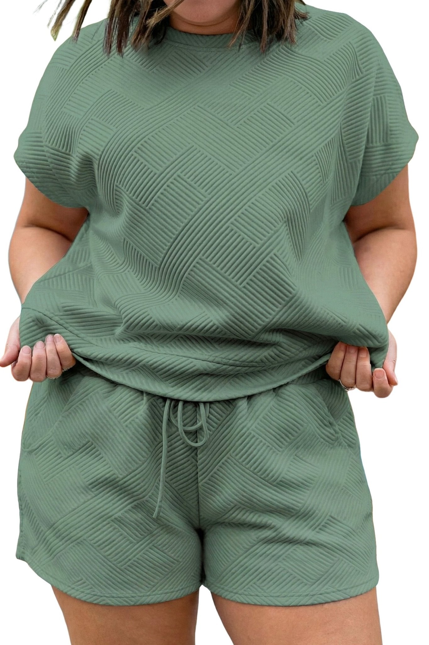 Mineral Blue Plus Size Textured Short Sleeve Top Drawstring Shorts Set - Loving It Shop