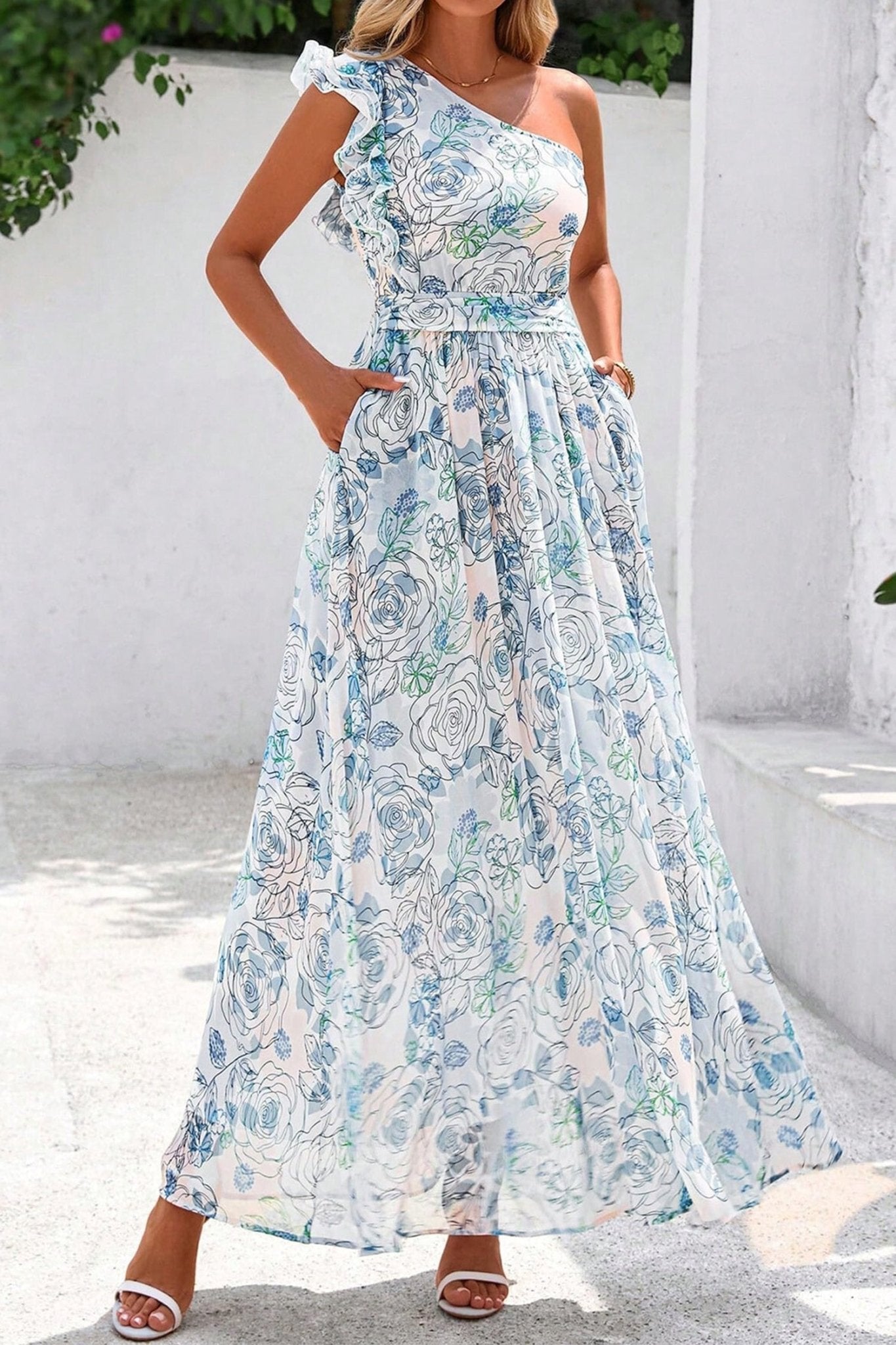 Sky Blue Floral Print Ruffled One Shoulder Vacation Maxi Dress - Loving It Shop