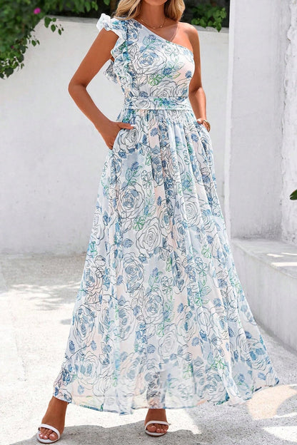 Sky Blue Floral Print Ruffled One Shoulder Vacation Maxi Dress - Loving It Shop