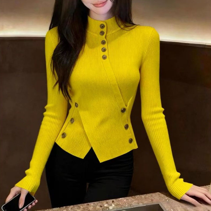 Autumn And Winter Retro Apricot Semi-high Neck Knitted Sweater Women&
