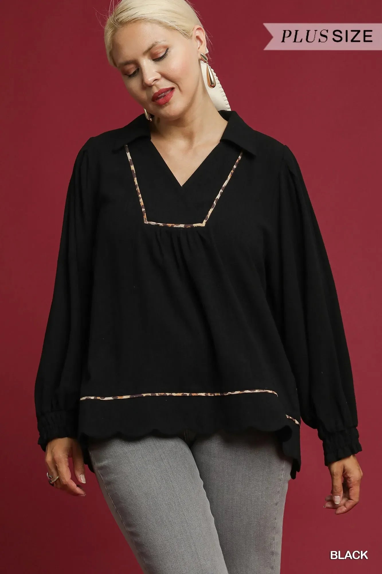 Full Size Linen Scallop Hem Blouse with Contrast Trim Plus Size