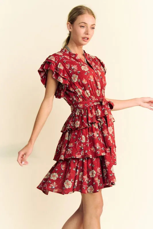 Davi &amp; Dani Ruffle Flutter Sleeve Tie Belt Tiered Mini Dress