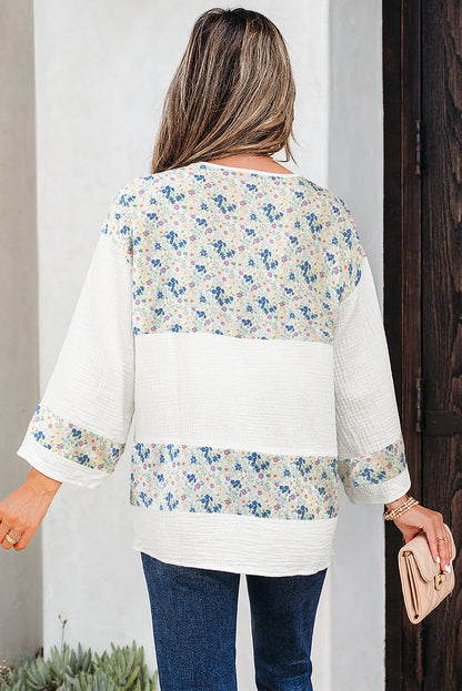 Sky Blue Floral Print Gauze Patchwork Henley Button 3/4 Sleeve Blouse