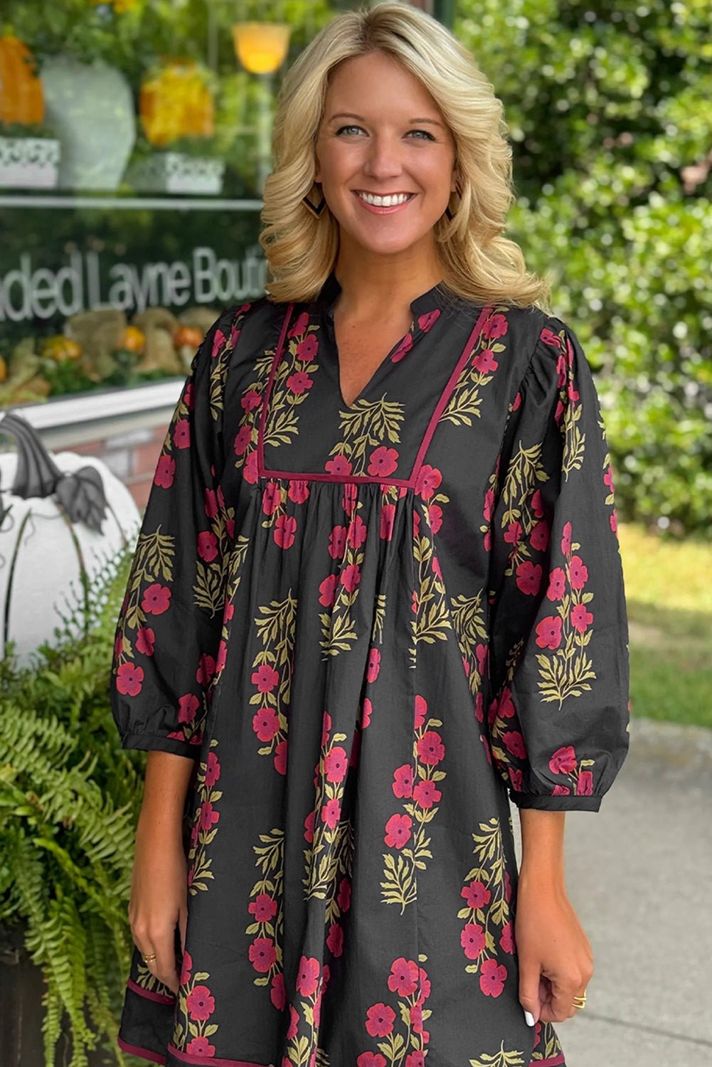 Black Floral Print Notched Neck Piping Trim Bracelet Sleeve Babydoll Dress - Loving It Shop