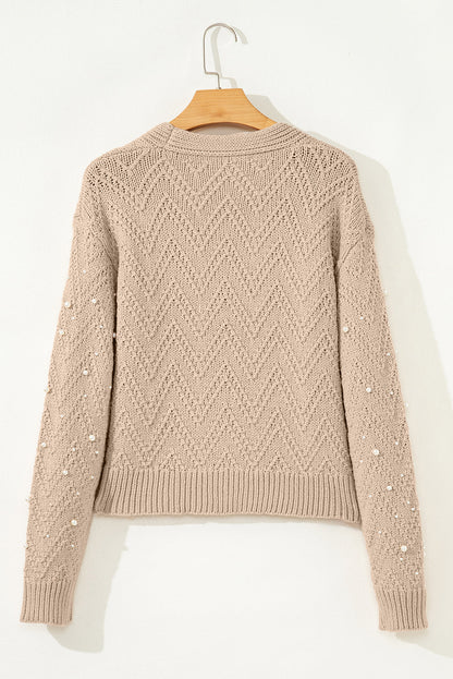 Smoke Gray Pearl Embellished Button Front V Neck Sweater Cardigan