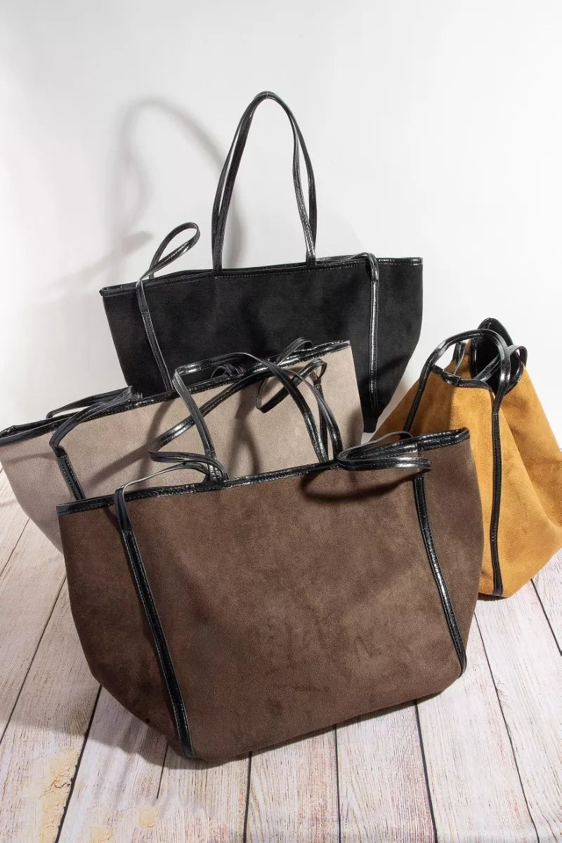 Suede Tote Faux Leather Trim Shoulder Strap